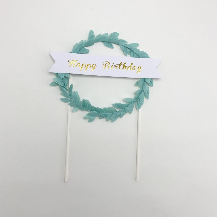 Çiçekli Çember Pasta Süsü (Cake Topper)-Happy Birthday-Nil Yeşili