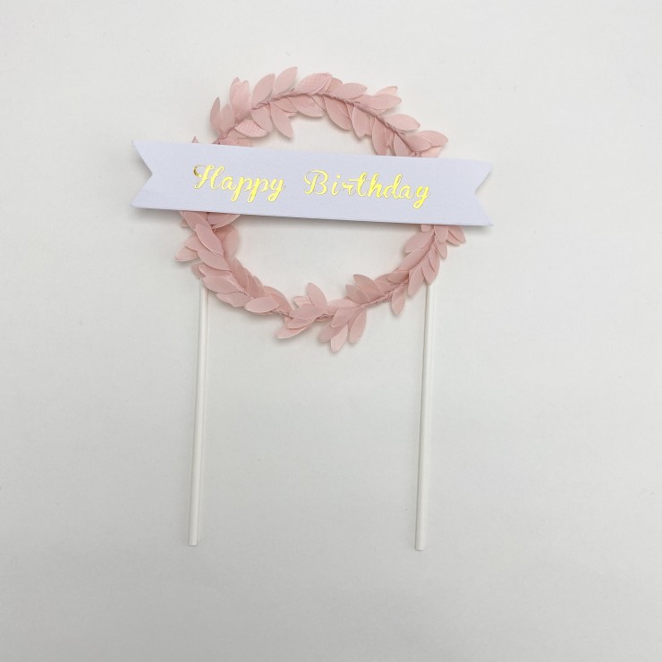 Çiçekli Çember Pasta Süsü (Cake Topper)-Happy Birthday-Açık Pembe